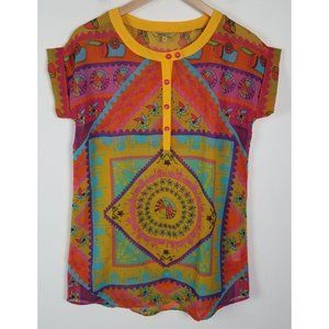 Global Desi Women's Sz. M Bright Ethnic Sheer Short Sleeve 1/4 Button Up Tunic
